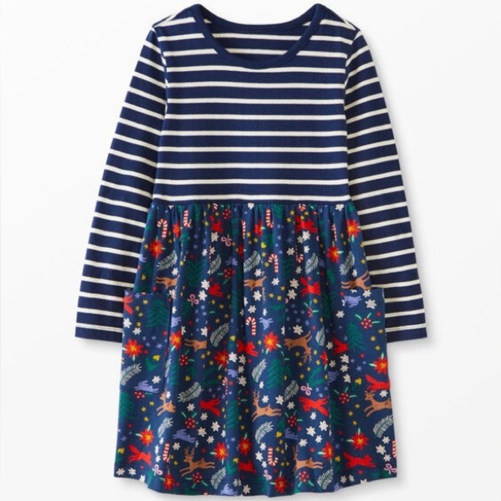 Hanna Andersson Navy and Red Striped and Holiday Patterned Kids Dress (US 8)